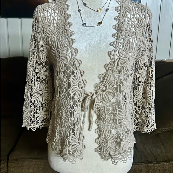 Jones New York • Small/Medium • Brown/Tan • Floral • Crochet • Cardigan Top •New - Picture 2 of 15